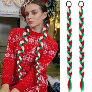 2 Pack Red White Green White Braid Ponytail Extension for Women Girls 23 Inch Red Green Colored Braid Hair Synthetic High-Temperature Fiber Braids Extensions with Elastic Tie for Christmas Party