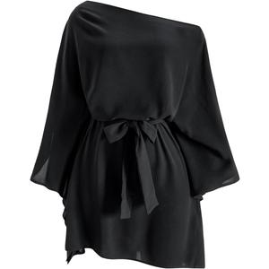 Women's Off The Shoulder Mini Dress 3/4 Bell Sleeve Belted Flowy Dresses Beach Vacation Clothes (Medium, Black)