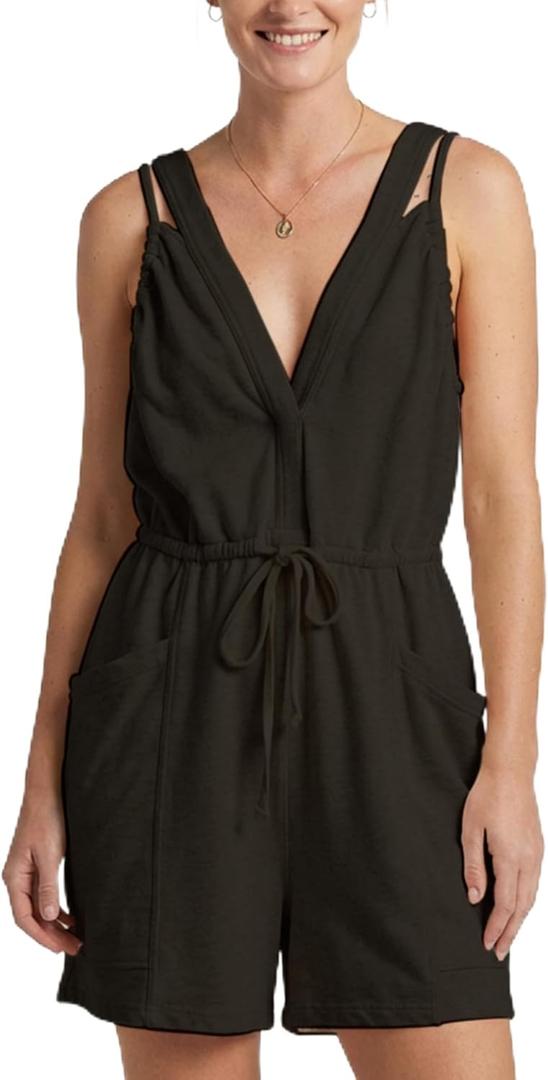 MAKABO Women's Summer Rompers V Neck Sleeveless Jumpsuits With Pockets Adjustable straps Casual Beach Vacation Outfits (Black, S)