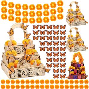 102 Pcs Day of The Dead Ofrenda Wooden Box Set DIY Dia De Los Muertos Decorations Include Altar Supplies 6 inch Marigold Garland with Light Artificial Marigold Flower Butterfly(Fresh)