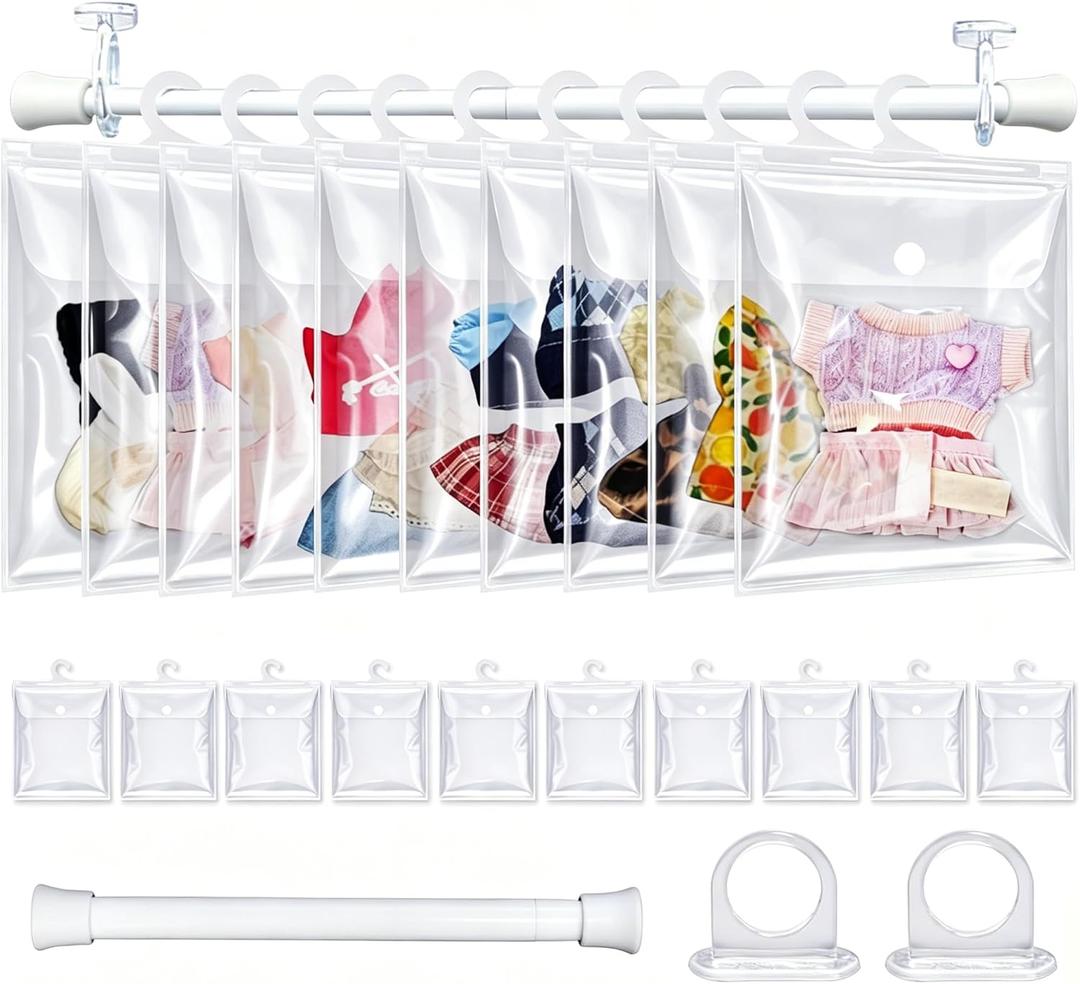10 Pack Clear Doll Clothes Storage Bags with Hanging Rod & Hooks, Compatible with Labubu Clothes and 4-8 inch Doll Clothes - PVC Transparent Organizer Set for Dolls, Space-Saving Wardrobe System