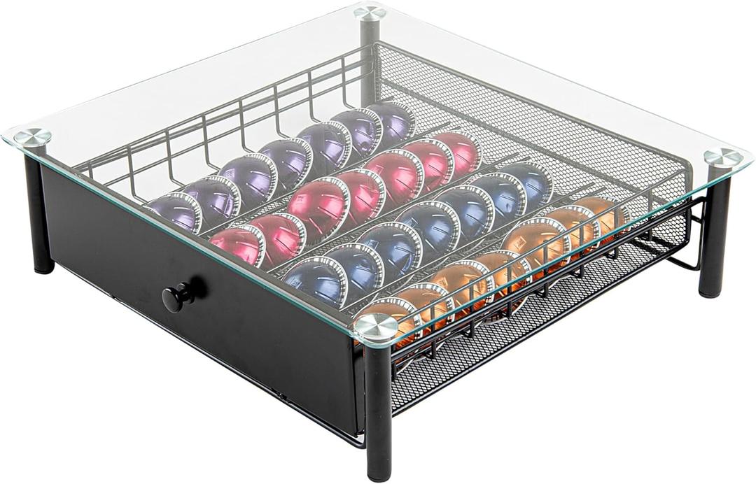 Restaurantware Restpresso 15.6 x 14.1 x 4.2 Inch Coffee Capsule Drawer 1 Heavy-Duty Pod Drawer - Holds 40 Nespresso Vertuo Capsules Glass Top Iron Espresso Pod Organizer Pods Not Included