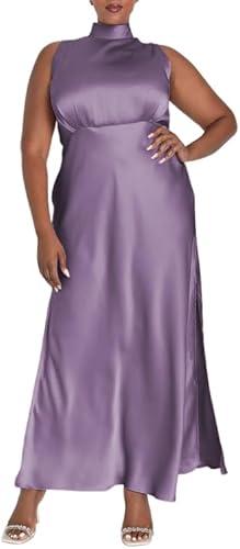 Summer Plus Size Mock Neck Satin Maxi Dress for Women 2024 Elegant Sleeveless Silk Dresses for Wedding Guest Cocktail, 2XL