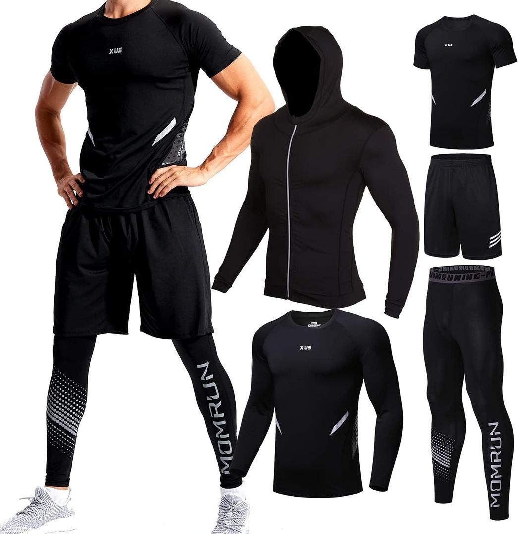 BOOMCOOL 5PCS Workout Sets incluir Compression Shirt Pants Hoodie Jacket for Men Outdoor Sports Running Indoor Fitness, (Large)