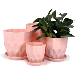 Plastic Flower Pots, 8.3/7.1/5.9/4.3 inch Nursery Plant Pot with Drainage Holes and Hole Mesh Pad and Saucers Tray for Indoor Garden Plants, Succulent, Orchid and Cactus,Pink, White
