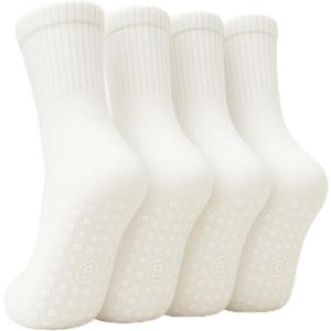 BELINO Pilates Socks for Women with Non Slip Grippers  Crew Socks for Yoga, Barre, Gym, Workout, Hospital 4 Pairs (White)