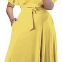 Yellow Plus Size Women's 2 Piece Outfits Casual Short Ruffle Sleeve Wrap Crop Top Maxi Long Dress Flowy Matching Sets, 2XL