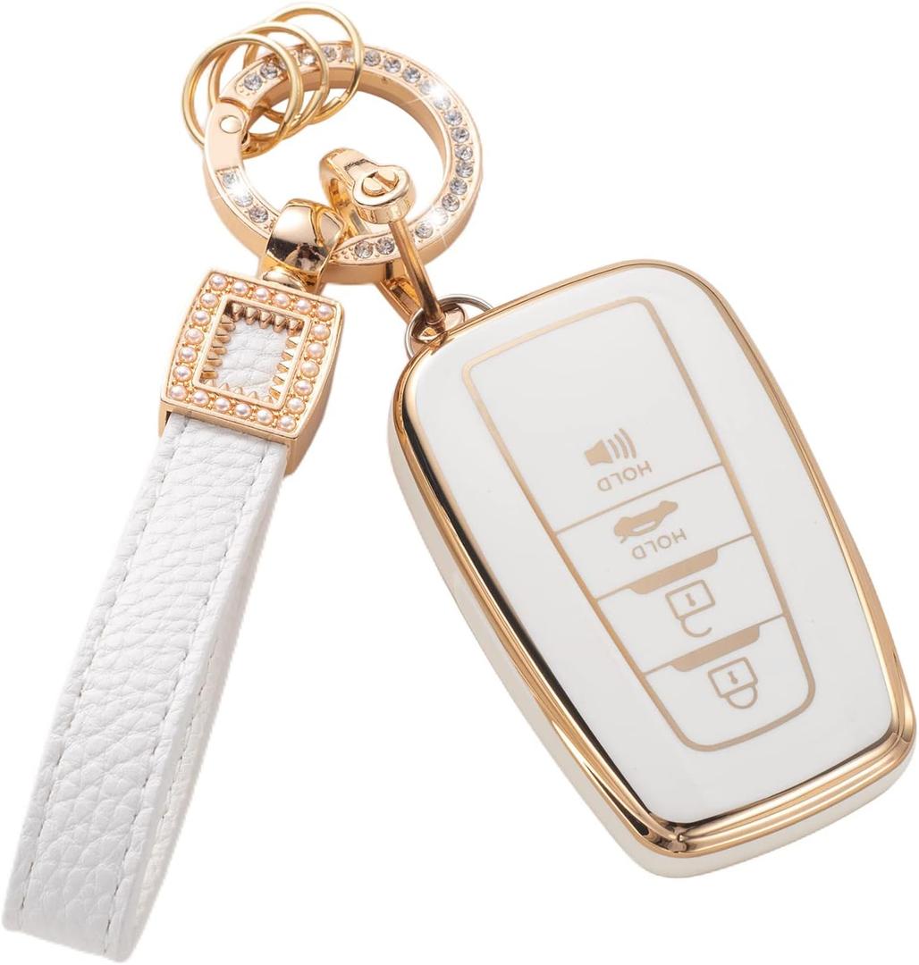 for Toyota Key Fob Cover with Leather Lanyard, Car Key Fob Case Compatible with 2018-2022 Camry RAV4 Highlander Avalon C-HR Prius Corolla GT86 Smart Key Protector Holder