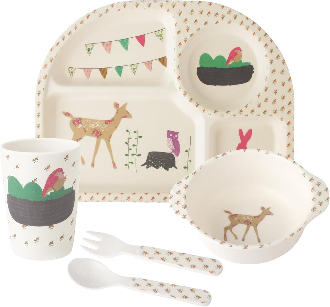 Qshare Bamboo Toddler Dinnerware Set,5Pcs Baby Plates Set,Bamboo Plates and Bowls Set,Christmas Dinnerware Set, Kids Dishes with Plate,Bowl,Cup,Fork and Spoon