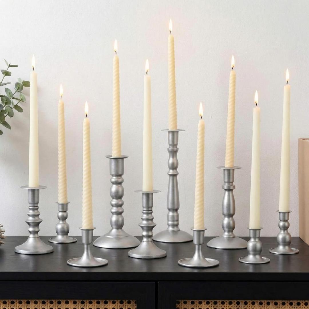 Mumufy Matte Candlestick Holders, Metal Wedding Taper Candle Holders Vintage Candles Stand Set, Candle Stick Decor for Mantel Table Centerpiece Wedding Dining Table Decor Mantelpiece(Silver,10 Pcs)