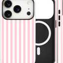 Magnetic for iPhone 17 Pro Max Case Cute Stripes Phone Case, Shockproof Slim TPU and Hard PC Protective Phone Cover Compatible with MagSafe Designed for Women Girls, Pink and White