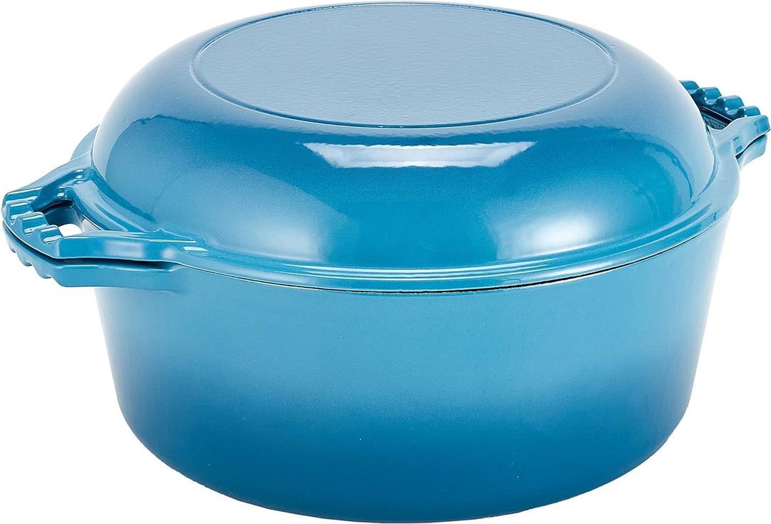 Bruntmor 2-in-1 Enamel Cast Iron Dutch Oven With Handles - Crock Pot Blue Cast Iron pot with Skillet lid - All-in-One Cookware Braising Pan for Casserole Dish - 7 Quart, Blue