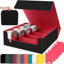 3200+ Trading Card Storage Box - 4-Row Deck Case for MTG Commander with 30 Dividers, 6 Plastic Clips, Portable Carrying Case, PU Leather Magnetic Closure for YuGiOh TCG Cards, Sports Cards (Black-Red)