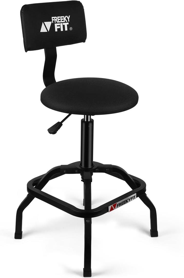 FreekyFit Shop Stool with Backrest, Mechanic Garage Stool for Workshop, Adjustable Shop Stools Chair, Padded Workbench Stools for Men Women, 300 LBS Capacity, 360 Swivel PVC Seat, Heavy Duty, Black