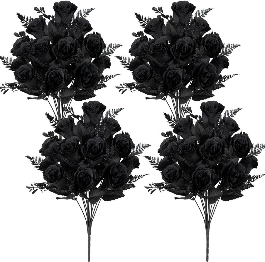 Artificial Rose Flowers Bouquet Realistic Silk Rose Fake Flowers for Wedding Home Centerpieces Party Cemetery Grave Decoration (4 Bouquets, Black)