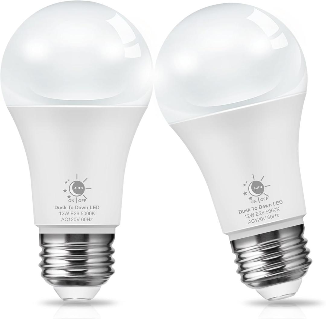 L LOHAS LED Dusk to Dawn Light Bulbs, E26 Bulb Automatic On/Off, Outdoor Light Bulbs, Daylight Lightbulbs, 12W A19 Led Bulbs, 5000K 1100LM 100W Equivalent Lightbulbs Porch Garage Garden Patio 2 Pack