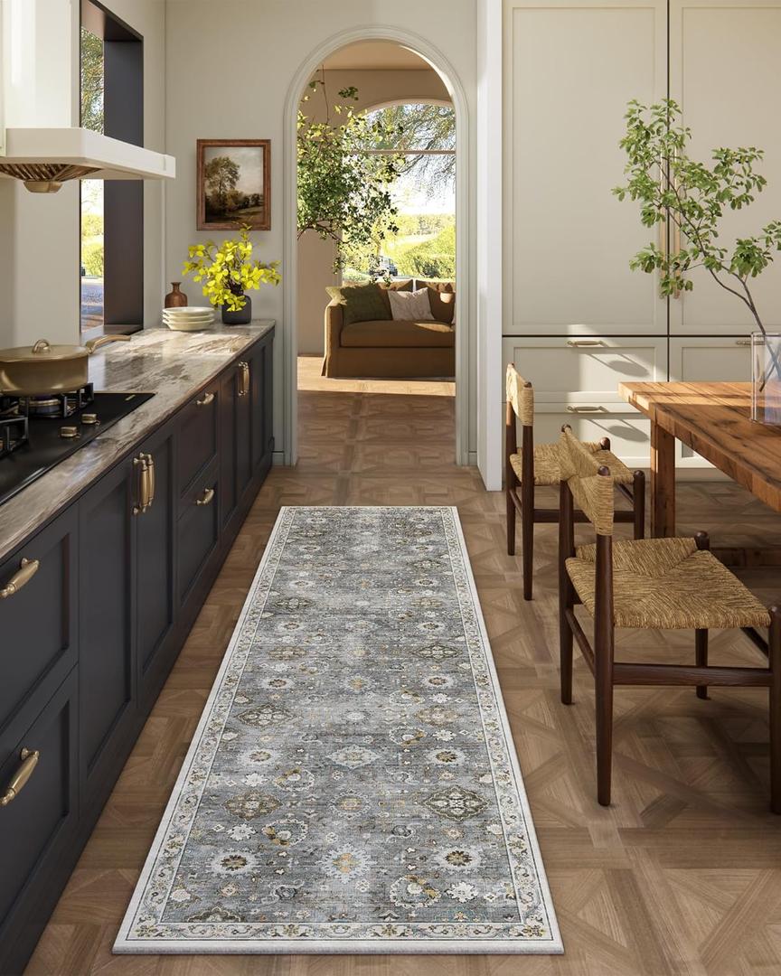 Washable Runners for Hallways Kitchen Rugs: 2'x6' Runner Rug Stain Resistant Non Slip Low Pile Soft Carpet Runners for Hallways Indoor Entryway Kitchen Laundry Room Bedroom Bathroom Farmhouse (Grey)