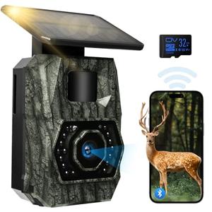 MAXDONE Solar Trail Camera WiFi Bluetooth - 48MP 30fps Game Camera with 5200mAh Rechargeable Battery, 0.1s Trigger Speed Motion Activated Trail Cam IP66 with 32GB TF Card for Wildlife Monitoring