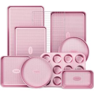 HONGBAKE 9-Piece Baking Pans Set Nonstick, Stackable Non Toxic Bakeware Sets with Diamond Texture, Oven Pan Set for Cooking, Includes Cookie Sheet with Rack, Cake Pan, Roasting Pan, Muffin Tin, Pink