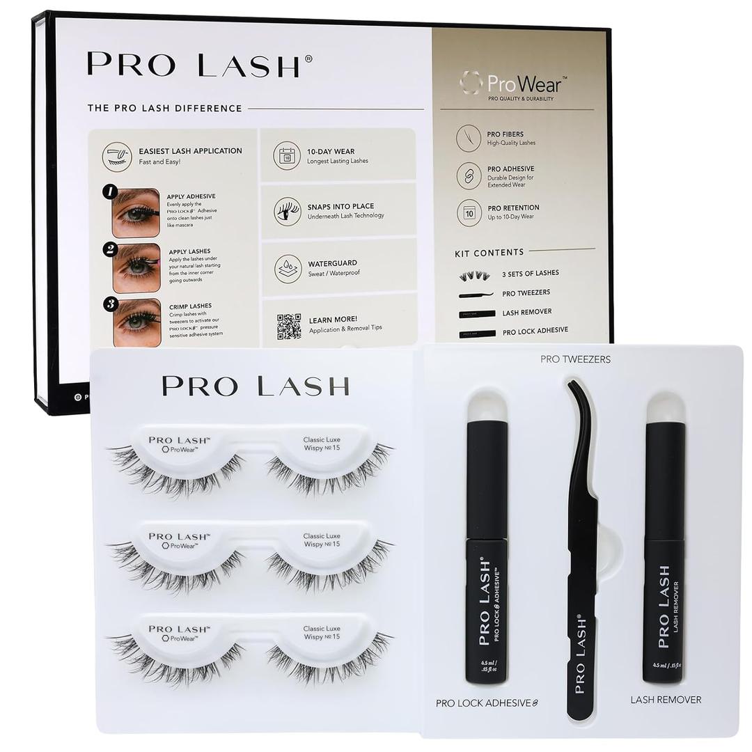 Pro Lash Starter Kit | Professionally Styled Lashes at Home | Waterproof | Lasts up to 10 Days with ProLock Adhesive System | 3 Sets of Lashes (Classic Luxe Wispy No.15) (Black)