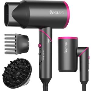 ANNLARY Hair Dryer with Comb | 1800W Blow Dryer with Diffuser for Curly Hair | Plasma Ionic Hairdryer for Frizz Control | Foldable & Protable Design for Travel | 6.5 ft ALCI Cord for Women and Men