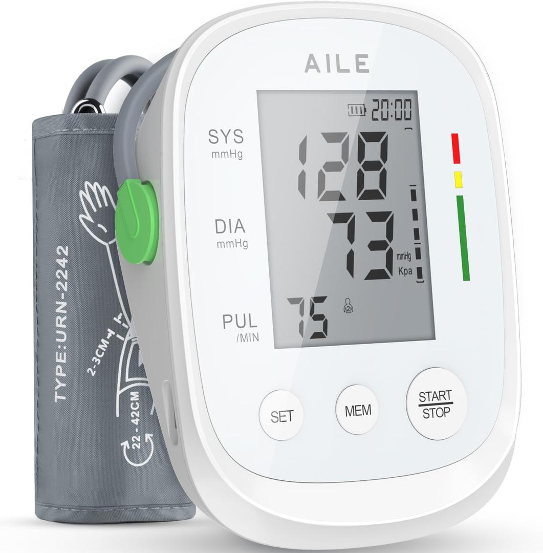 AILE Blood Pressure Monitor, Blood Pressure Machine Upper Arm Large Cuff(8.7"-16.5"), High Automatic Blood Pressure Monitors Cuff for Home Use, Manual Arm Bp Monitor, 2 * 99 Memory (White)