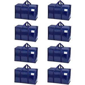8 Pack Extra Heavy Duty Large Moving Bags with Strong Zipper & Comfortable Handles, Sturdy & Durable Clothes Storage Bags Totes Bins, Blue Packing Moving Boxes for College Supplies, Dark Blue
