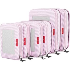 LeanTravel Premium Compression Packing Cubes for Travel - Suitcase Organizer Bags with Double Zipper & Breathable Mesh Panel - Space Saving Carry On Luggage Essentials (6-Pack, Pink Stripes)
