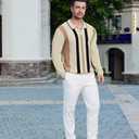 Ryehack Mens Casual Polo Shirts Knit Long Sleeve Vintage Striped Button T-Shirt Slim Fit Golf Vacation Shirt (L)