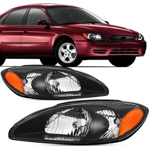 Headlights Assembly Compatible With 2000-2007 Ford Taurus Replacement Headlamp, Driver and Passenger Side, Pair Black Amber 00-07 Taurus Head Light
