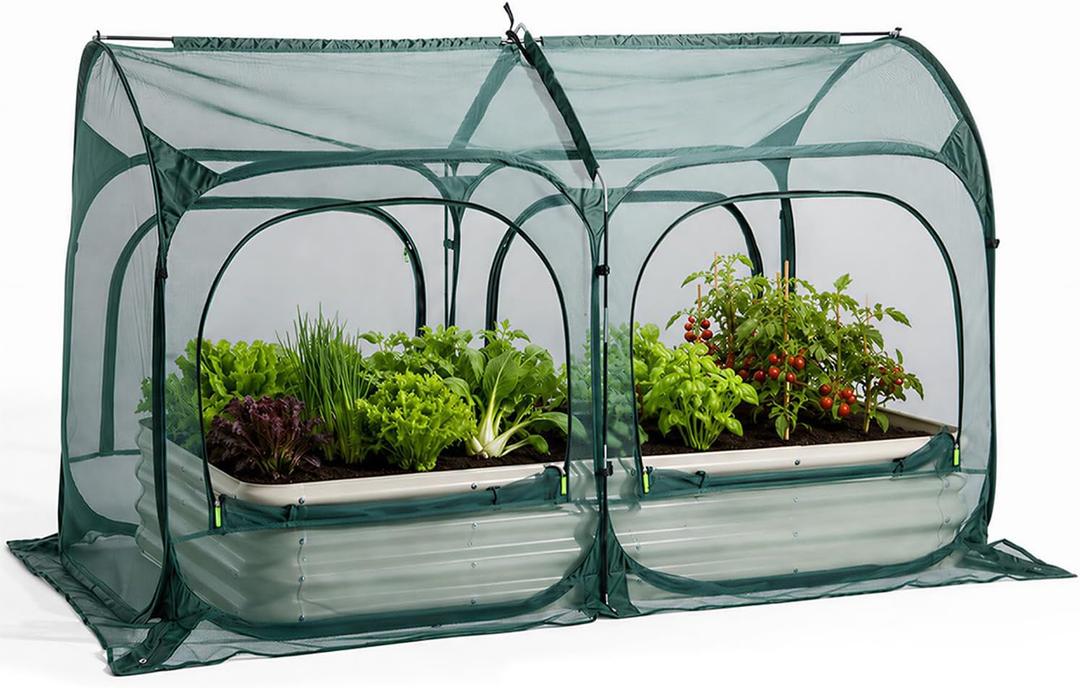 PORAYHUT All-in-One Raised Garden Bed and Crop Cage Net Kit, Metal Outdoor Planter Box with Protective Mesh Greenhouse Cover for Backyard Vegetables, Herbs, Flowers (6.56 * 3.3FT Raised Bed &Net)