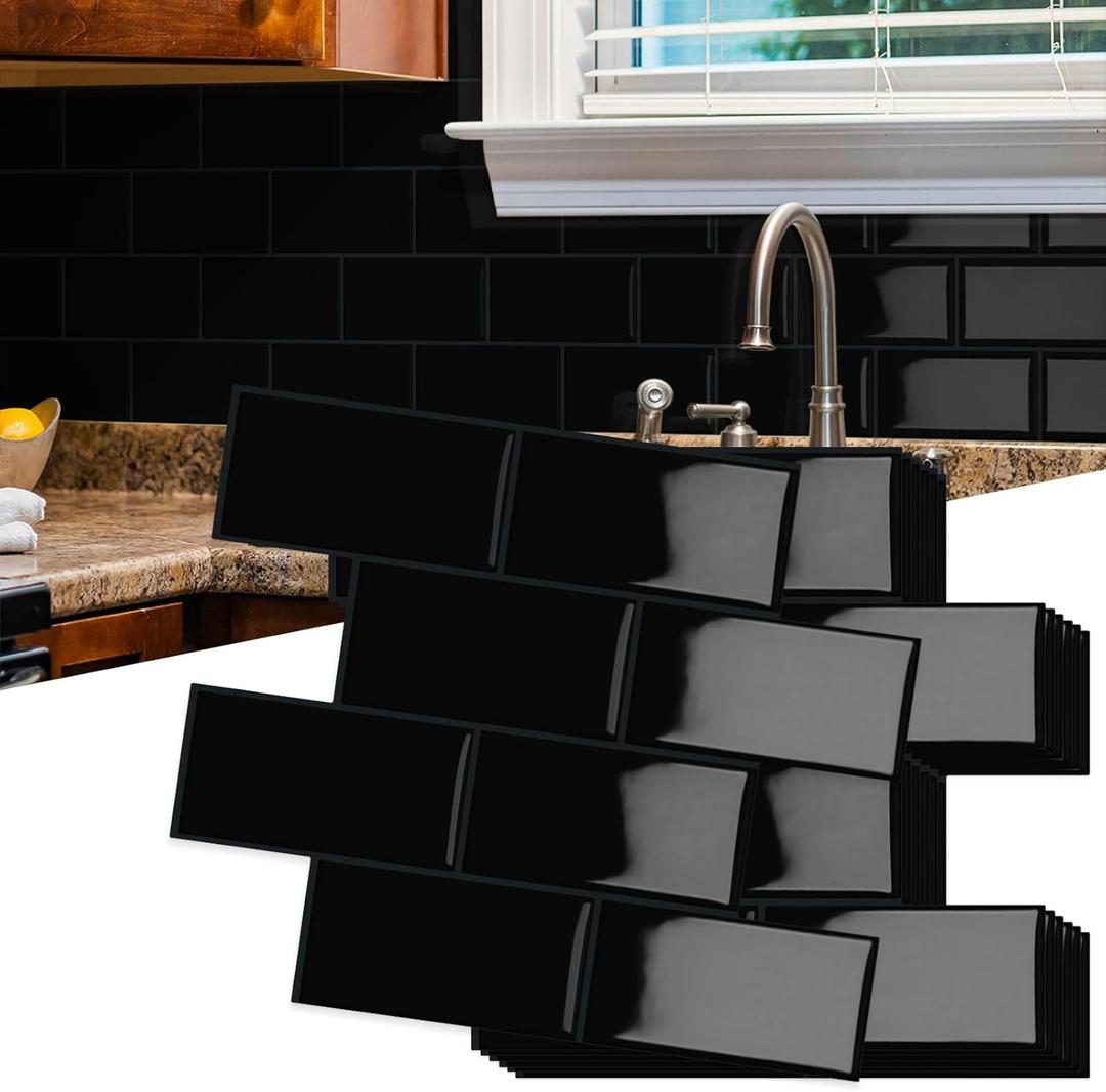 10-Sheet Thick Peel and Stick Kitchen Backsplash Tiles, 3D Subway Waterproof Self-Adhesive Wall Tile Stick on Backsplash for Kitchen and Bathroom(Black,12.6"10.6")