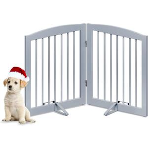 PUPETPO Freestanding Pet Gate for Dogs, Foldable Wooden Dog Gate for House, Indoor Pet Barrier for Stairs, Doorways, Support Feet Included, 24" Height 2 Panels, Grey