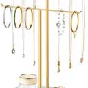 pickpiff Necklace Holder Jewelry Organizer Stand 2-Tier T-Bar Jewelry Display Tree with Tray for Countertop Necklace Bracelet Earring Storage, Vanity Dresser Bathroom Sink, Gold