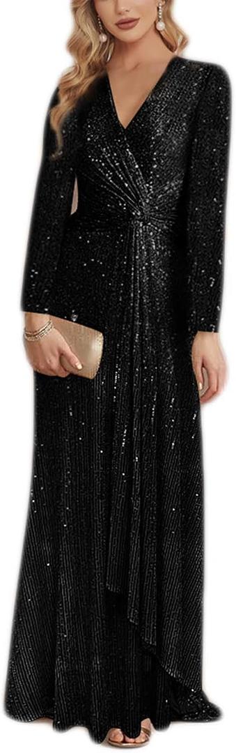 meilun Long Sleeve Sequin Dress for Women Formal Gowns Sparkly V Neck Maxi Dress (Black, XXL)