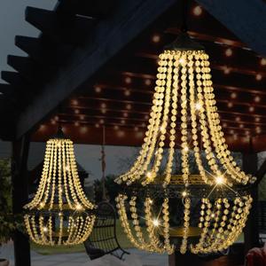 Hanging Solar Chandelier Outdoor, 30 Warm White Lights Acrylic Clear Beaded Chandelier with S Hooks Modern Lantern for Garden Yard Patio Gazebo Decorations, 28H