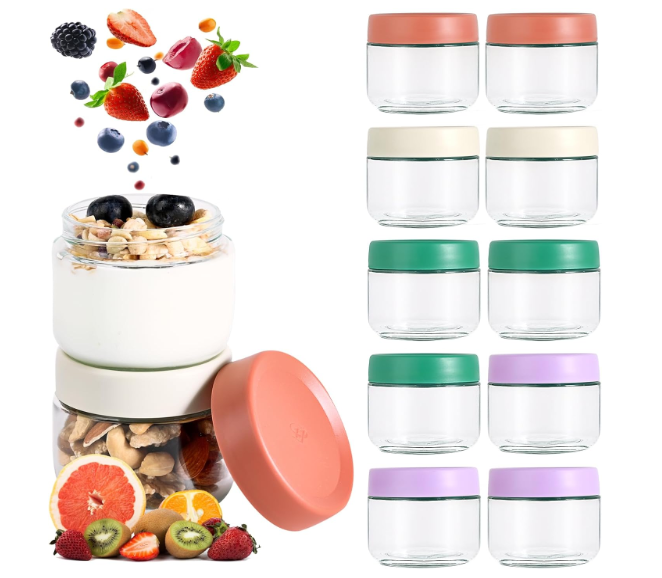 Hoa Kinh 9oz 12Pack Overnight Oats Jars with Lids, Leak Proof Small Jars for Overnight Oats, Cereal, Clear Empty Glass Jar with Lids for Kitchen(Red, Green, Purple and White)