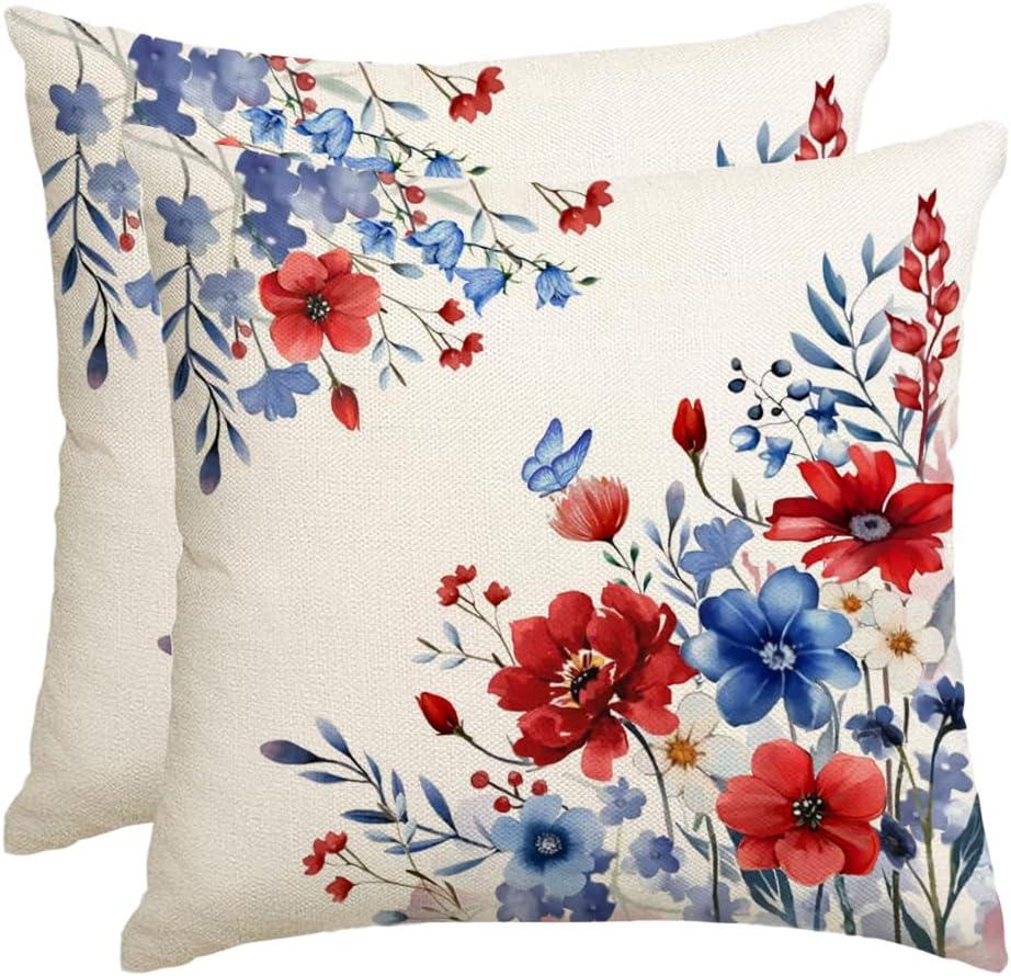 RABUSOFA 4th of July Memorial Day Patriotic Throw Pillow Cover,18x18 Inch Red White and Blue Flowers Independence Day American Fourth of July Decoration for Sofa Couch Set of 2