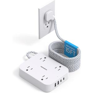 15 Ft Extension Cord, HANYCONY Ultra Thin Flat Plug Power Strip with 4 Outlets 4 USB Ports (2 USB C), Multi Plug Outlet Extender Desk Charging Station for Office Travel Dorm Room Essentials (White)