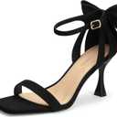 Carcuume Women's Square Toe Heels Bow Tie Ankle Strap Heel Sandals Open Toe Wedding Shoes (6.5, Black)