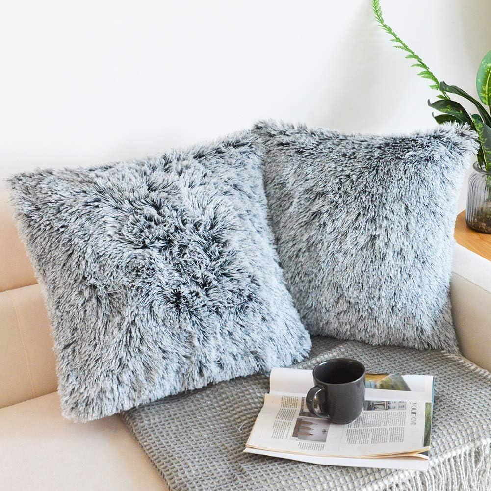NordECO HOME Luxury Soft Faux Fur Fleece Cushion Cover Pillowcase Decorative Throw Pillows Covers, No Pillow Insert, 18" x 18" Inch, Black Ombre, 2 Pack (18" x 18" (Pack of 2), N-black Ombre)