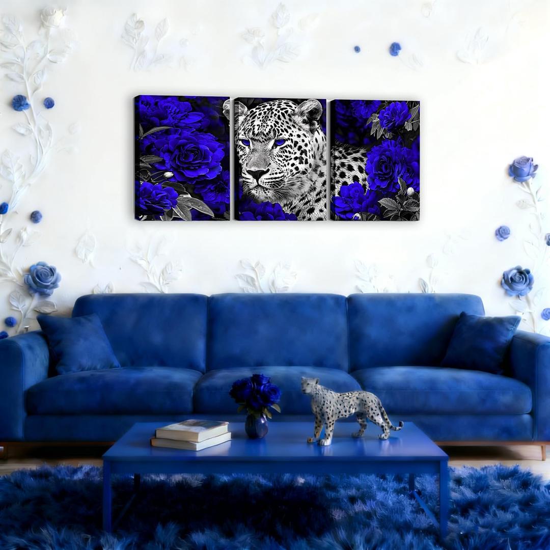 3D Leopard Canvas Wall Art for Living Room,Navy Blue Purple Rose Flowers Framed Wall Art Cheetah Print Wall Decorations,Western Wild Animal African Safari Animals Canvas Artwork Paintings,Black White Grey