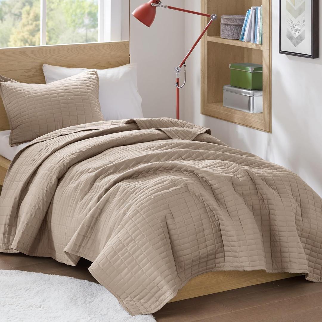 Comfort Spaces Kienna Quilt Set-Luxury Double Sided Stitching Design Summer Blanket, Lightweight, Soft, All Season Bedding Layer, Matching Sham, Taupe, Coverlet Twin/Twin XL(66"x90") 2 Piece