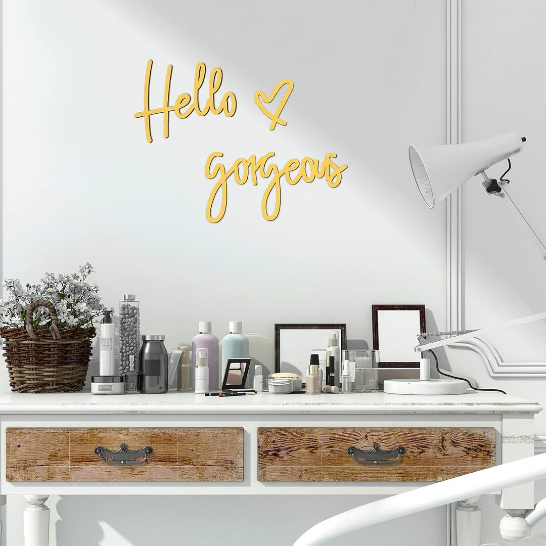 Blulu Hello Gorgeous Wall Decor Words Hello Gorgeous Sign 3D Wooden Wall Art Sign for Home Room Office Door Decorations Party Supplies(Gold)