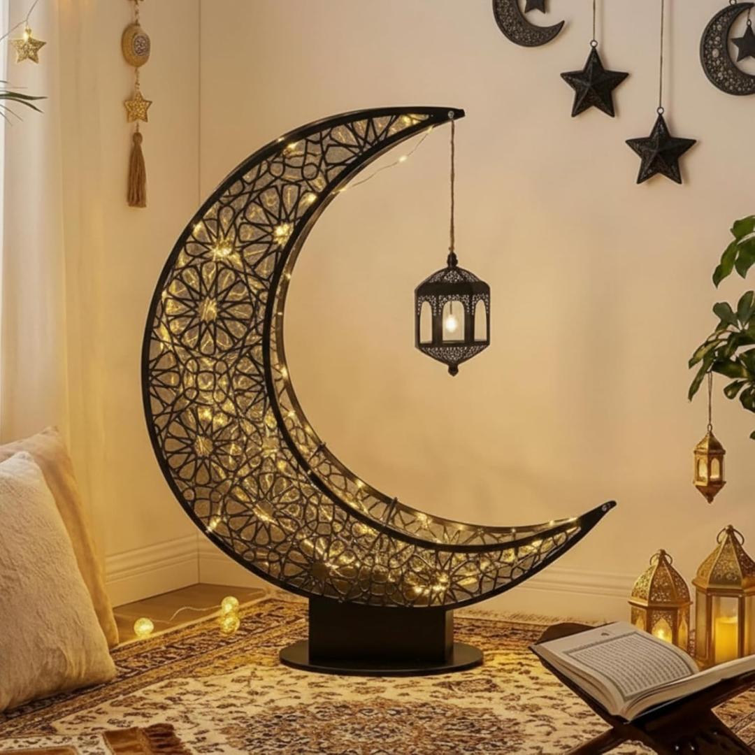 2ft Large Metal Ramadan Decorations Islamic Crescent Moon Decor with Lantern Eid Mubarak Kareem LED Light Decor Islamic Table Centerpieces Gift for Muslims in Ramadan Eid(Black)