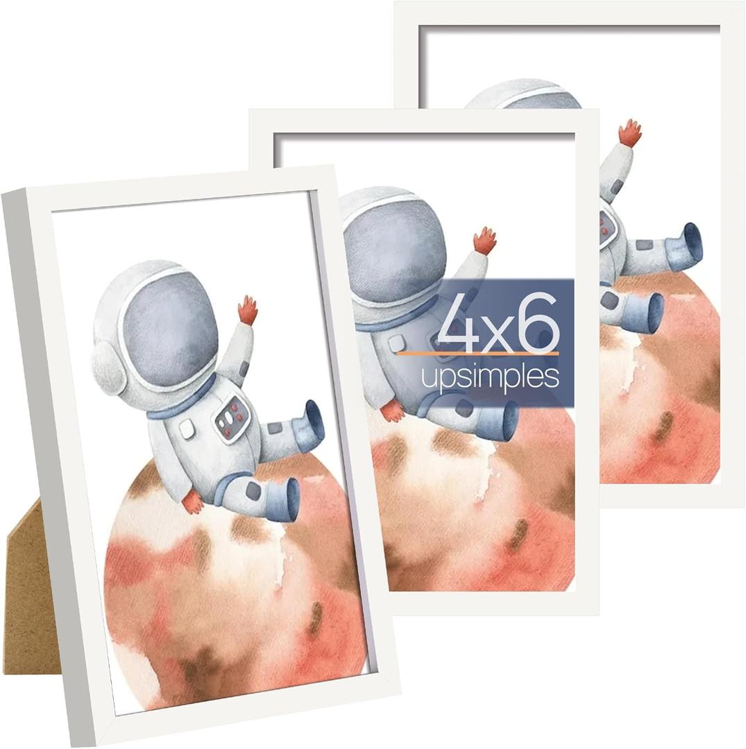 upsimples 4x6 Picture Frame Set of 3, Made of High Definition Glass for 4 x 6, Wall and Tabletop Display Thin Border Photo Frames for Home Decor, White