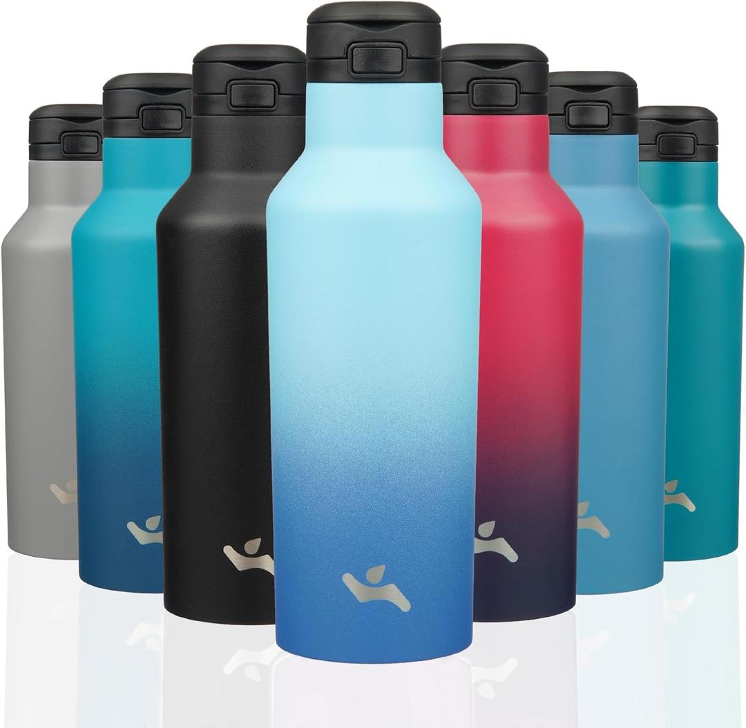 Insulated Water Bottle with Straw,17 OZ Double Wall Vacuum Stainless Steel Water Flask with 2 Lids,Sky