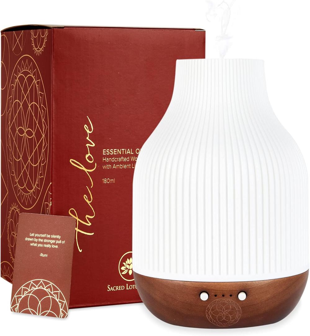 Essential Oil Diffuser Lamp, White Ceramic + Brown Wood, Ultrasonic 180ml Whispersoft, 4 Timers | 5 Light Settings, Auto Shut Off, Home + Office, Humidifier Air Purifier Aromatherapy