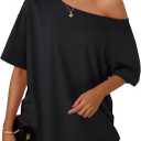 Trendy Queen Womens Off The Shoulder Tops Oversized T-Shirts Short Sleeve Tees Summer 2025 Casual Spring Fashion Clothes (Medium, Black)