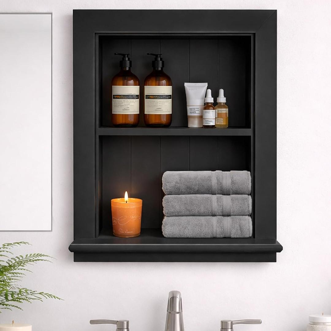 Royxen Recessed Medicine Cabinet 13.8 x 17.8 Inch, Medicine Cabinets, Large Medicine Cabinet, 2-Tier Bathroom Cabinets Wall Mount for Home Storage, Black